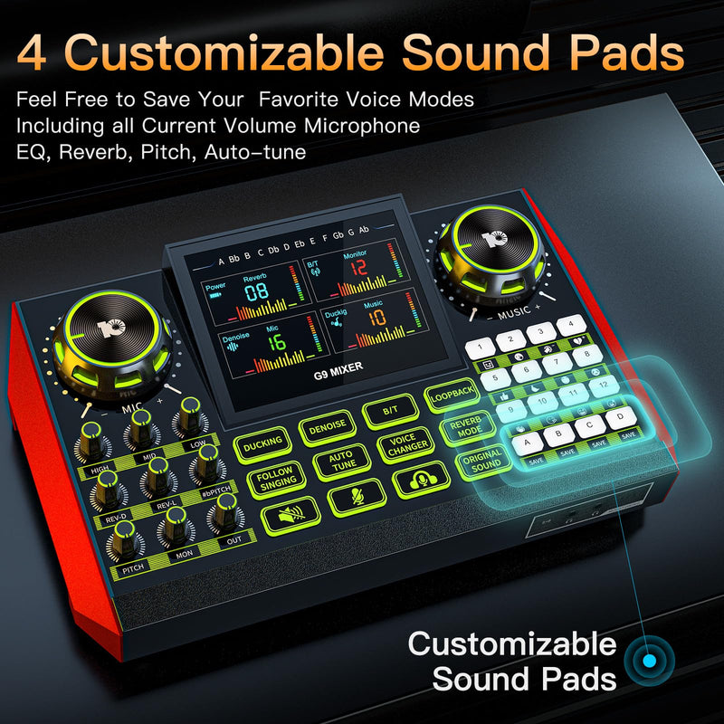 Audio mixer, suitable for live streaming, singing, and gaming on computer/phone; soundboard for 3.5mm condenser microphone; podcast mixer with live sound card, noise reduction, and one-touch mute G9