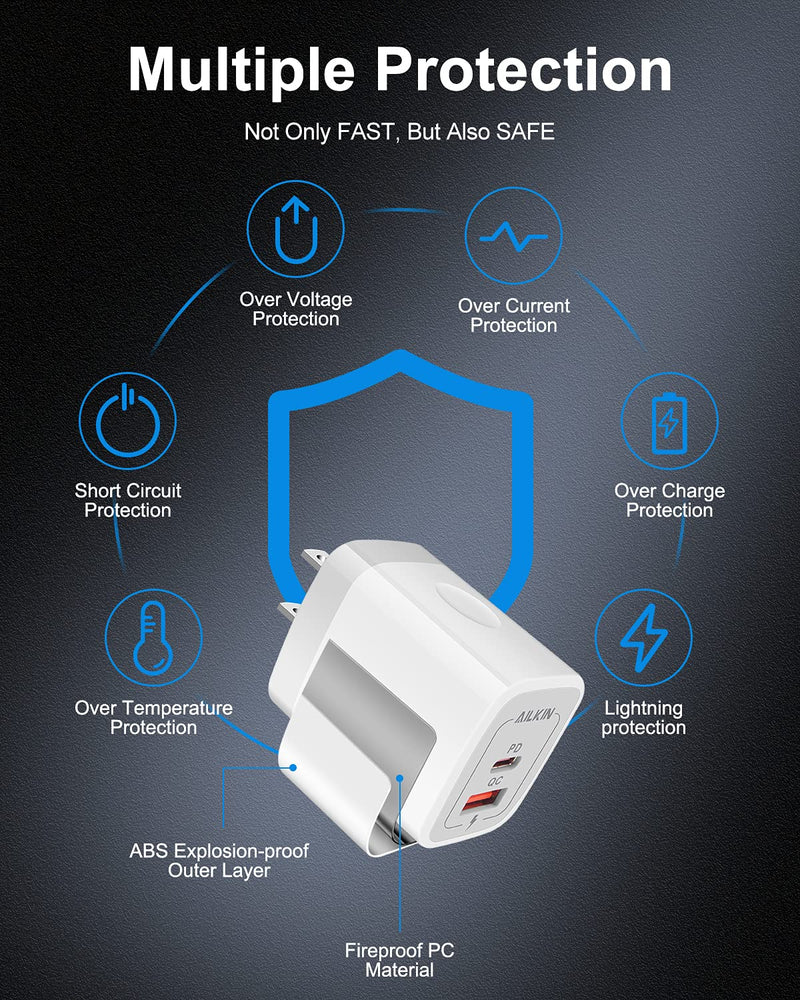 [AUSTRALIA] - 3Pack Dual Port USB-C Wall Plug-in USB Charger, AILKIN 20W Power Delivery + QC3.0 USB A Double Port Fast Charging Block for iPhone 15 14 13 12 Pro Max 14 Pro 12 Mini 11 Pro Max 14 Plus 11 SE X XS Cube White 