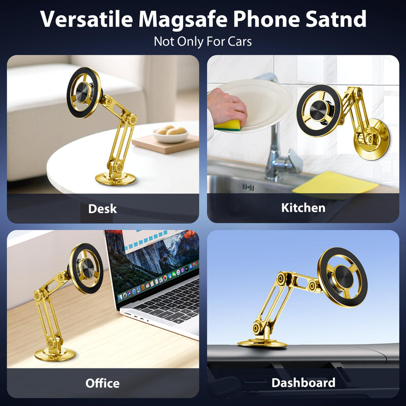 Ultra Magnetic Long-Arm Phone Holder Stand, Fits for MagSafe Car Mount Bracket【Windshield+Vent+Dash】, 360° Rotation Adjustable Strong Magnets Car Mount Desk Office Phone Cradle Holder, Gold