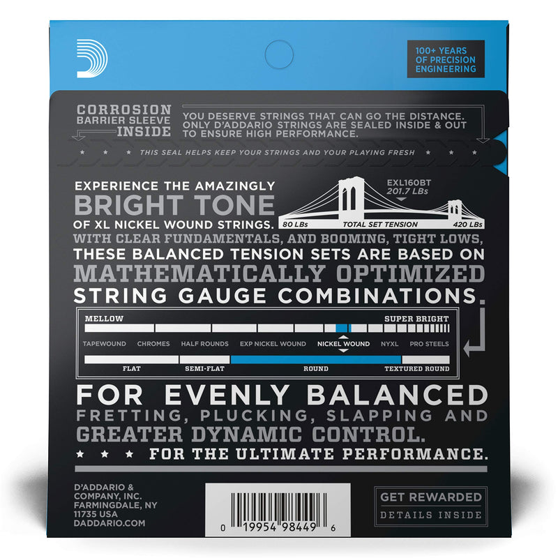 D'Addario Electric Bass Guitar Strings - EXL160BT 50-120 - Nickel Wound Bass Strings - For Bass Guitar 4 String - Balanced Tension Medium