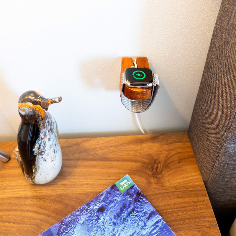 Wooden Watch Band Organizer and Wall Charging Stand Bundle - Works with All Apple Watch Bands (Walnut)