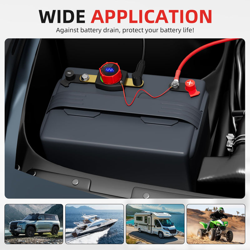 [AUSTRALIA] - Joinfworld Side Post Battery Disconnect Switch 12V-48V with Led Voltmeter Display, DC 5-60V Battery Kill Switch Waterproof Marine Battery Cut Off Switch 12 Volt for Car RV Boat ATV UTV Vehicles On-Off Side Post with Voltmeter 300A 