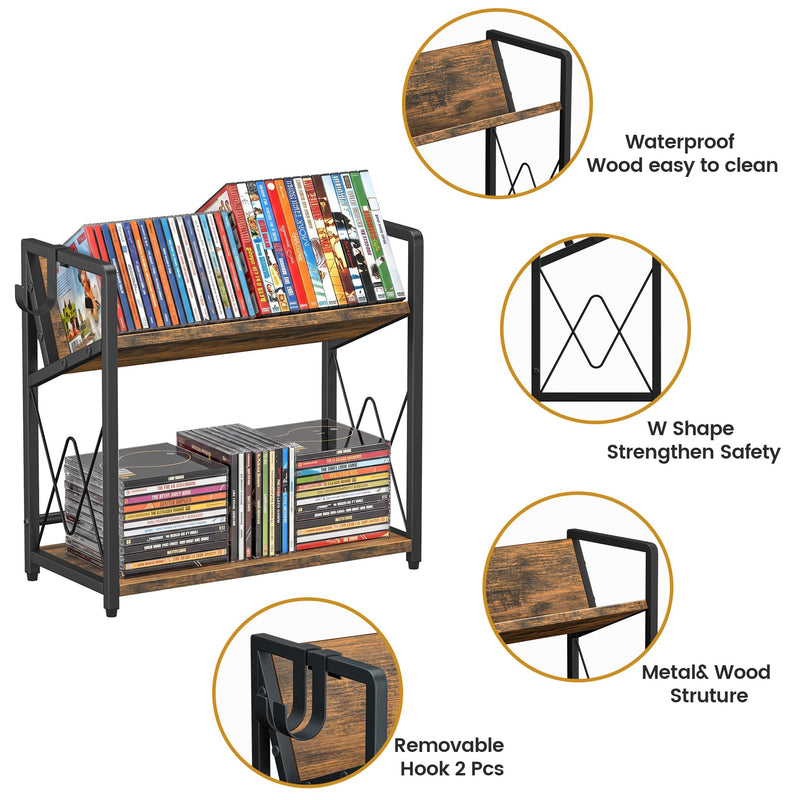 CD Storage Rack, 2-Tier CD Holder Rack, DVD Shelf Holds Store up to 80 CDs | cd display Retro Desk DVD Organizer Tower for Music Enthusiasts, Brown