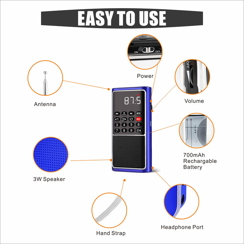[AUSTRALIA] - Leting Portable Radio with Mp3 Speaker, Radios Porable FM, Radio Support Tf Card/USB/Music Recording, Emergency Radio Rechargeable Battery Powered,FM Radio with Best Reception (Blue) BLUE 