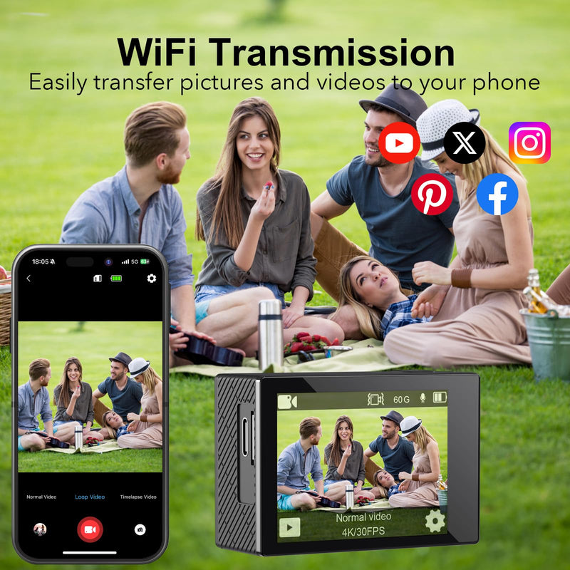 4K Action Camera with 64GB Card 30MP EIS WiFi 131FT Waterproof | 170° wide-angle, 5X zoom, remote control. For biking, snorkeling, helmet. Up to 256GB.2 rechargeable batteries.