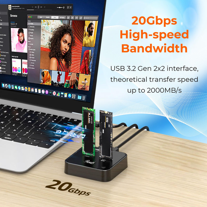 Rosewill Cloner, M.2 Duplicator Dual Bay Enclosure, Tool-Free 20Gbps USB3.2 Gen 2X2 to USB Adapter M.2 Docking Station for M Key PCIE Reader Supports Offline Clone-RS-N2-CL 20 Gbps Dual Bay Cloner