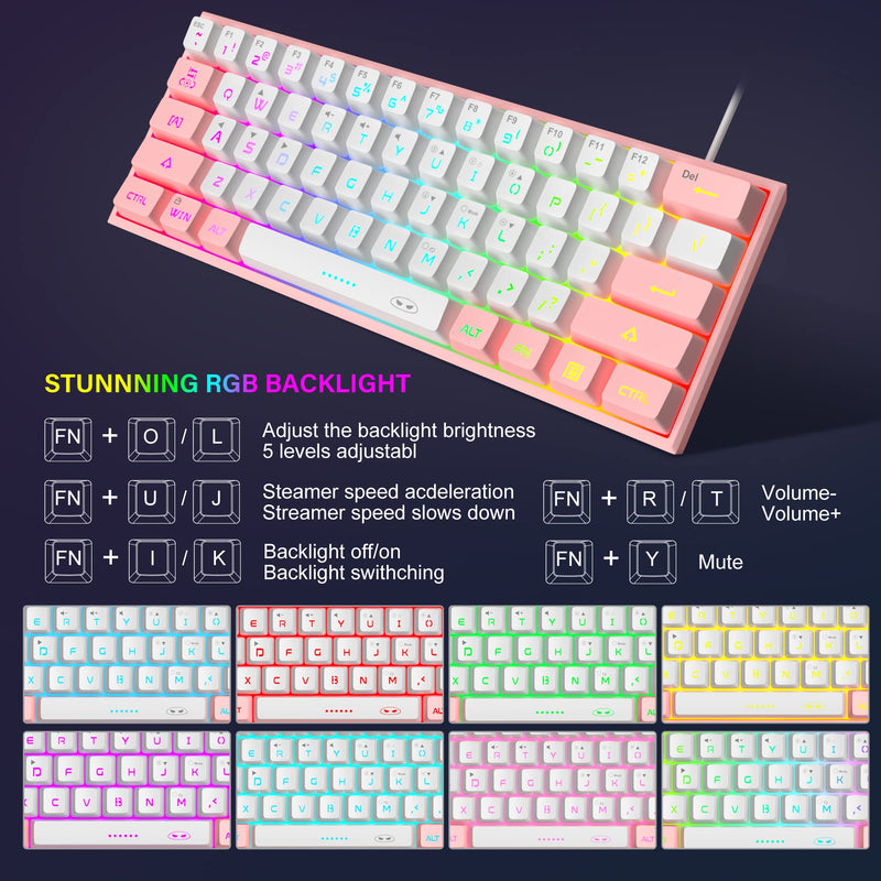 MageGee TS91 Mini 60% Gaming/Office Keyboard,Waterproof Keycap Type Wired RGB Backlit Compact Computer Keyboard for Windows/Mac/Laptop (White Pink) White Pink