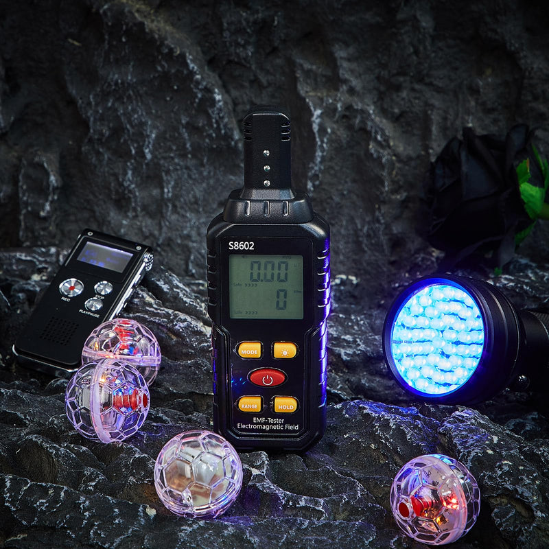 [AUSTRALIA] - Dunzy 7 Pcs Ghost Hunting Equipment Kit for Paranormal Enthusiasts Includes 8GB Digital Voice Audio Recorder, Emf Meter Detector, 4 Pcs Ghost Hunting Cat Balls, UV Flashlight Set for Entertainment Use 