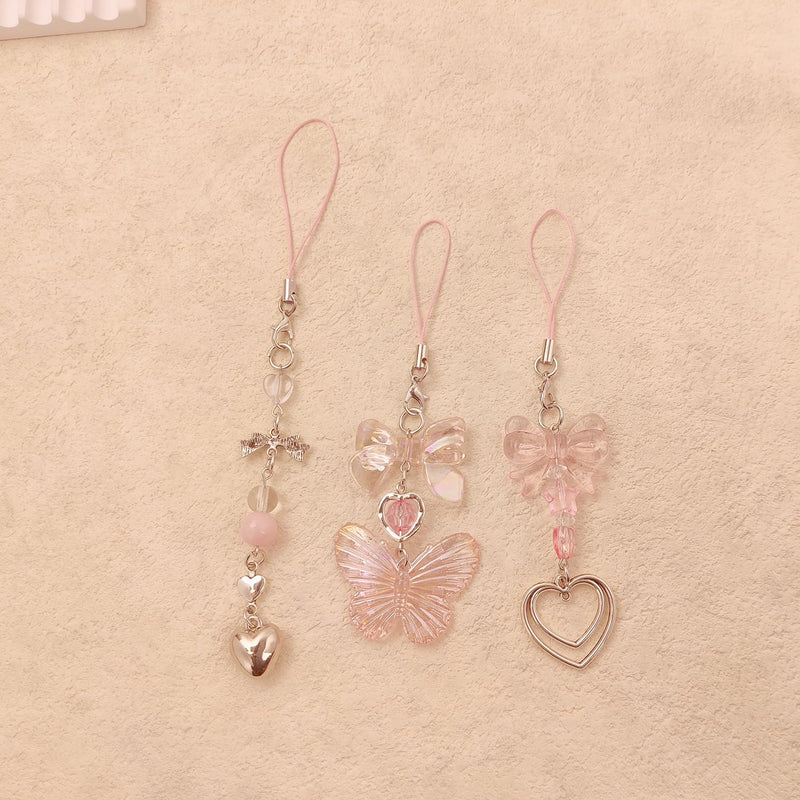 Cute Y2K Phone Charm Aesthetic Phone Charms Accessories Cute Phone Lanyard String for Bag Purse Backpack Airpods Pendants Decor 3x Pink Butterfly Heart