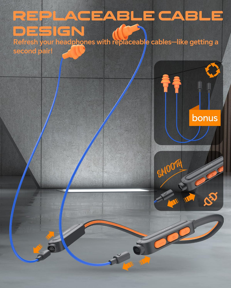 MIPEACE Neckband Bluetooth Work Headphones with 2pcs Replacement Earbuds Cable-Blue & Orange