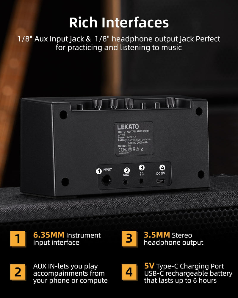 LEKATO Guitar Amplifier with Clean Overdrive Effects 5W Rchargeable Electric Guitar Amp Small Bass Amplifier Bluetooth Bass Amplifier for Daily Practice Black