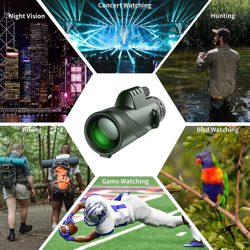 80x100 Monocular-Telescope High Powered Monocular for Adults Monocular for Smartphone Adapter Monocular Telescope Hunting Wildlife Bird Watching Travel Camping Hiking Green