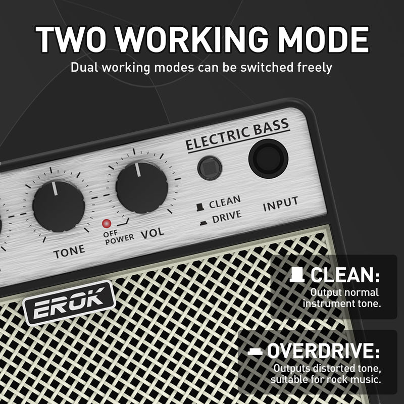 EROK Mini Bass Amp, Portable Amplifier with Clean/Drive Dual Channels, 3.5mm Headphone/AUX Input, Compact Design for Practice & Small Gigs