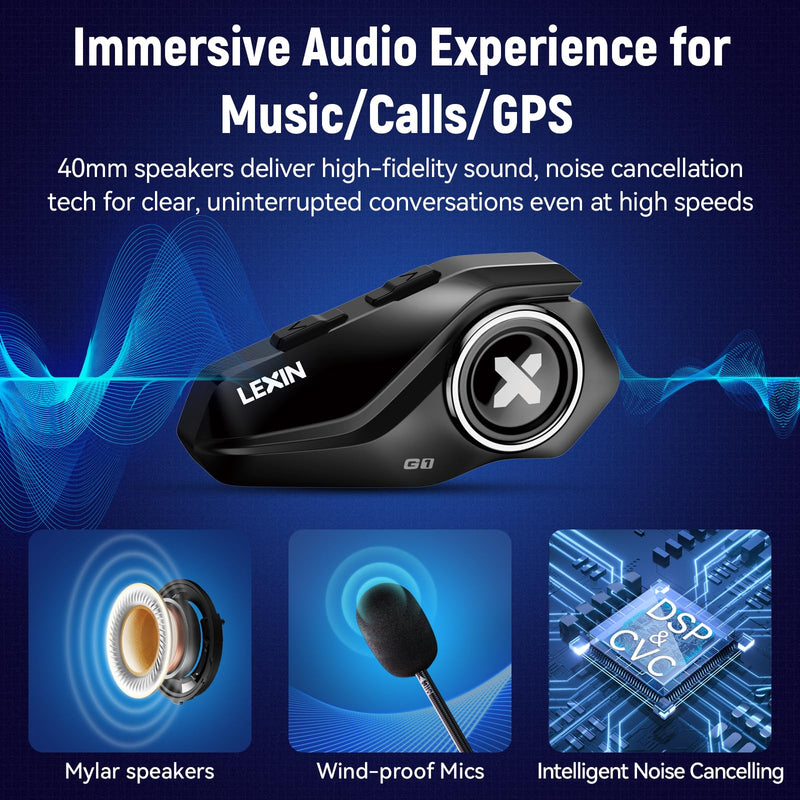 LEXIN G1 Motorcycle Bluetooth Headset, Waterproof Helmet Headphones with 2 Types Microphones, Hands-Free Call/Music/GPS, 6 Shells/USB-C Fast Charging/Noise Cancelling, Compatible with ATVs/Dirt Bike