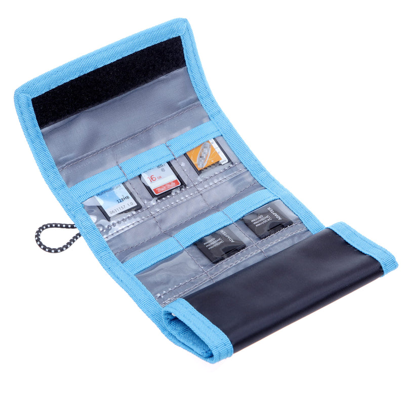 Memory Card Wallet - SD Card Storage - Slim and Foldable with Transparent Slots - Can Carry Up to 15 SD Cards - Straps with Tether Included - (Black/Blue) for SD Cards - Black & Blue