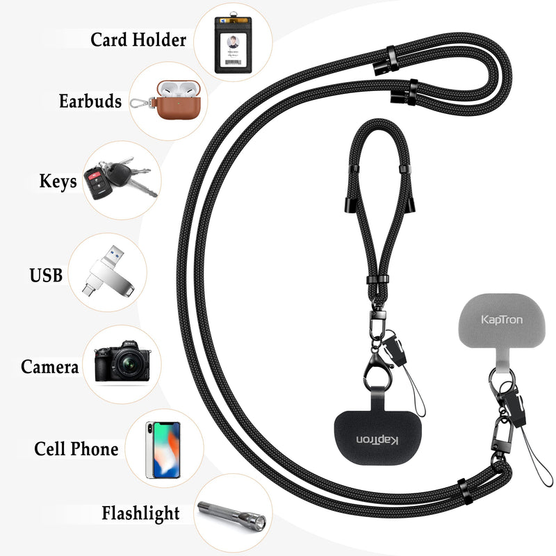 KAPTRON Universal Phone Lanyard with Wrist Strap, Adjustable Crossbody Cell Phone Lanyard Neck Strap and Wristlet Strap with 2 Lobster Clips, Phone Tether Patches and Phone Straps (Black, 2 Pack) Black