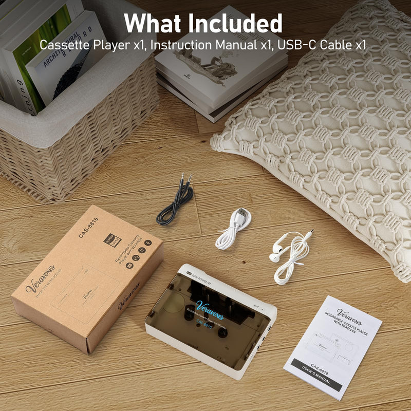 [AUSTRALIA] - Portable Bluetooth Cassette Tape Player, Cassette Player Recorder,Equipped with Headphone and AUX Ports, Support AUX Line in Record,Built-in Microphone, Powered by DC or AA Battery (White) White 