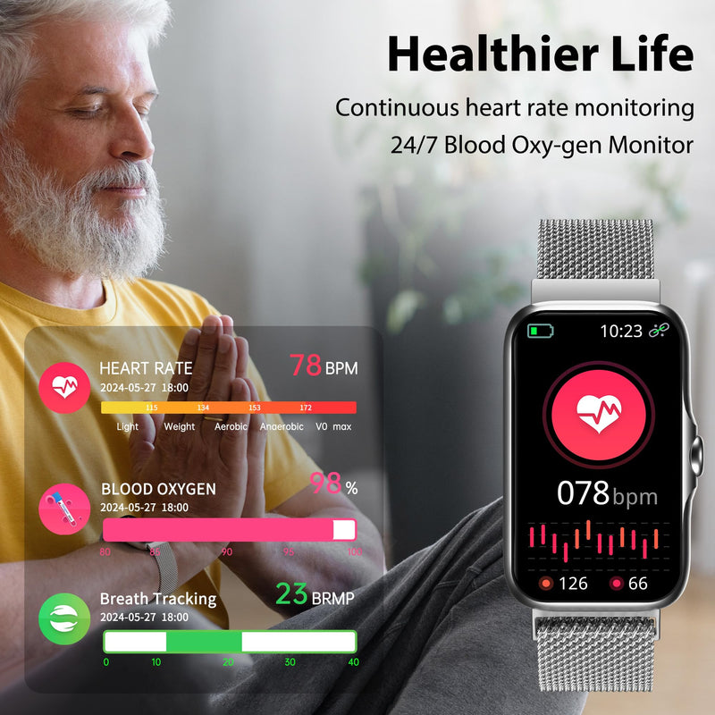 Fitness Tracker with 24/7 Continuous Heart Rate, Blood Oxy-gen Monitor, Smart Watch with Sleep Monitor, IP68 Waterproof Activity Tracker Step Counter for Women Men Silver