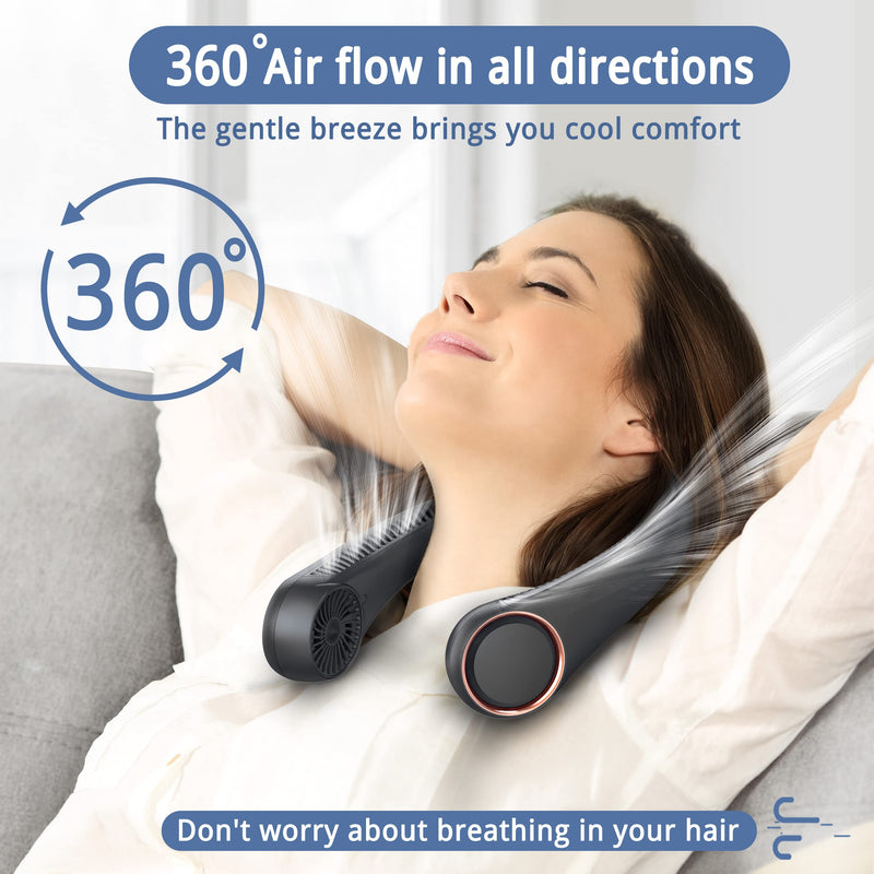 Hssio Neck Fan, Neck Fans for Men, 4000mAh USB Rechargeable Personal Fan, 3 Speeds, 360° Surround Fan, Faster Cooling, Quiet Design Black