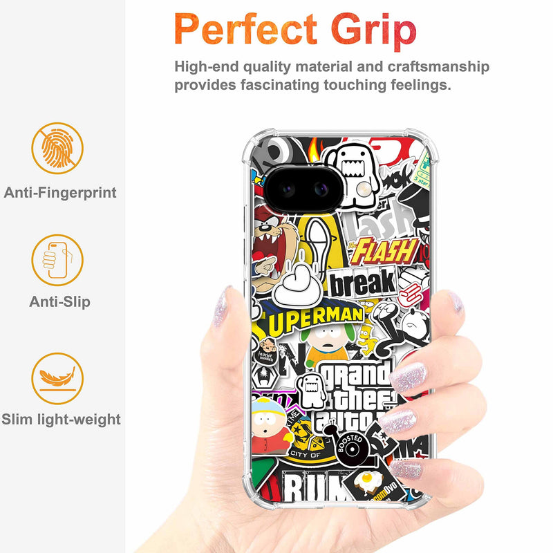 Case for Google Pixel 10a with Pop Culture Design,Aesthetic Cartoon Sticker Bomb Pop-Art Collage,Clear Slim Soft TPU Bumper Phone Cover,6.3”(Pop,P10a)