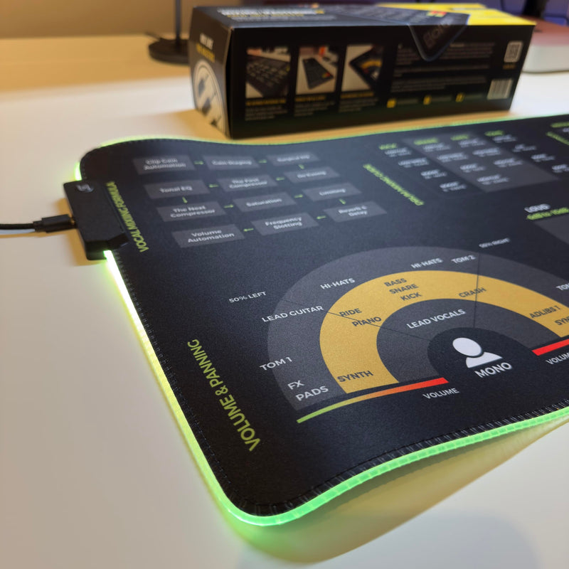 Mixing & Mastering Cheat Sheet Mousepad – 35×25cm (13.8"x9.8") & 80×30cm (31.5"x11.8") – Studio Desk Mat for Music Producers, DJs & Engineers – LED Version Available XXL with LED (800x300mm)
