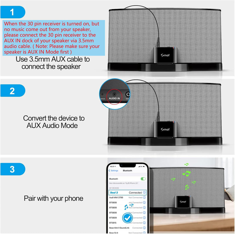 Smof 30 Pin Bluetooth Adapter Receiver for Bose Sounddock iPod iPhone Music Docking Station and Other 30 Pin Dock Speakers Bluetooth Audio Receiver with 3.5 mm Audio Cable (Not for Car or Motorcycle)