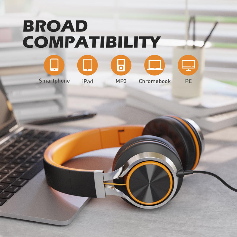 AILIHEN C8 Headphones Wired with Microphone and Volume Control Folding Stereo Lightweight Corded On-Ear 3.5mm Headset for Boys Girl Cellphones Tablets Chromebook Laptop Computer (Black/Orange) Black