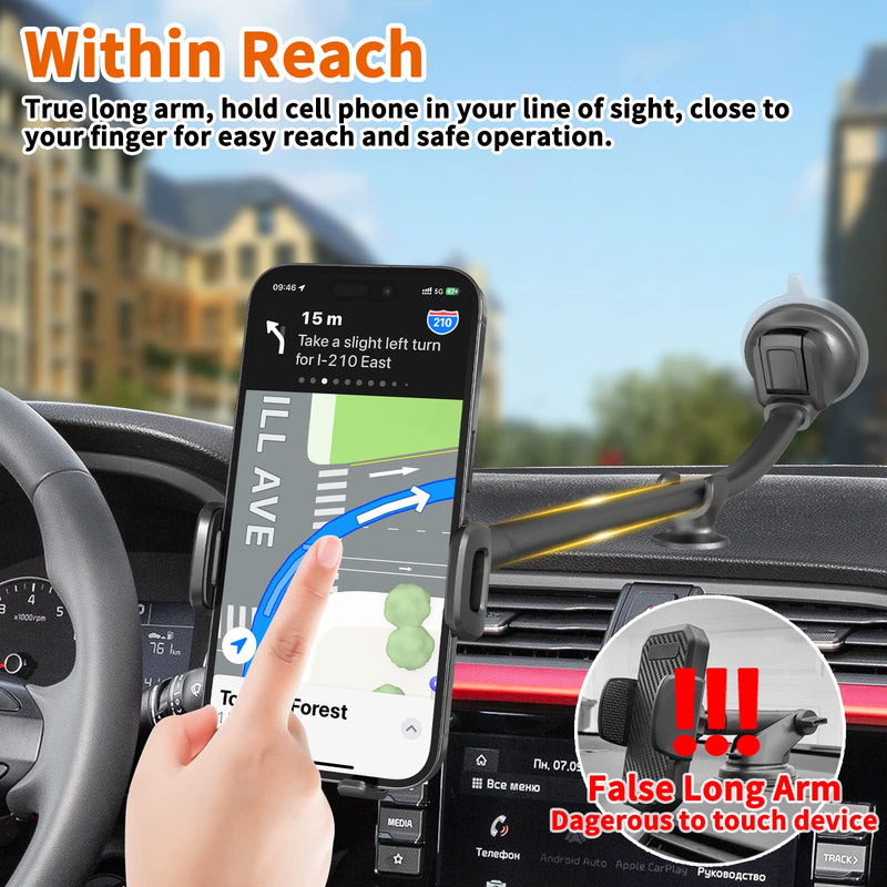 1Zero Solid Car Truck Phone Mount Holder with 14-Inch Gooseneck Long Arm, Windshield Window Mobile Holders w/Industrial-Strength Suction Cup, Anti-Shake Stabilizer Compatible All Cell Phones iPhone Black Mirror Surface with Silver Ring