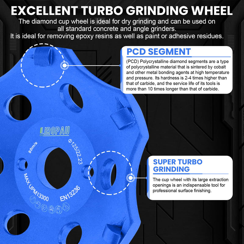 PKD PCD Diamond Cup Wheel 125 mm, Diamond Cup Wheel Grinding Wheel for Angle Grinder, Diamond Grinder for Tile Adhesive, Colour Coating, Angle Grinder Grinding Pot, 6 Segments