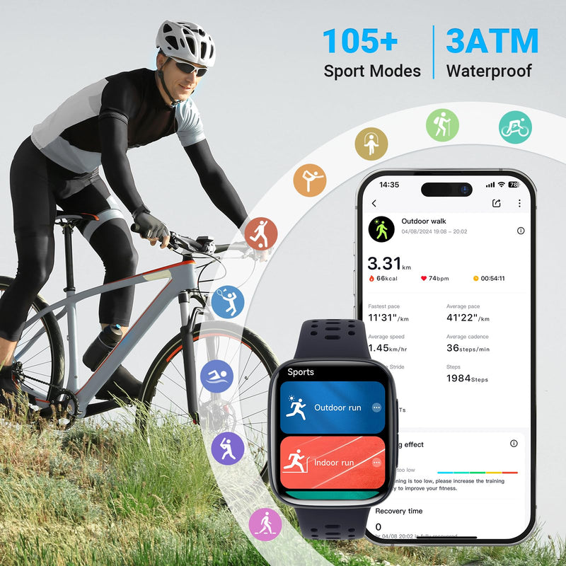 Smart Watches for Men (2 Bands), [1.85" AMOLED Screen] Fitness Tracker | Compatible with Android/iPhone, 3ATM Waterproof, Bluetooth Calls, AI Control, Heart Rate/SpO2/Sleep Monitor, 7 Days Battery Black