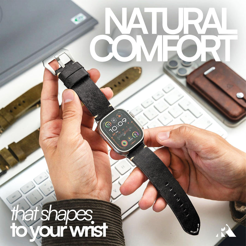 ROBUST Genuine Leather Watch Band for Men - Compatible with Apple Watch Bands 49mm - Replacement Strap for iWatch Ultra 2/1 SE, SE 2 Series 10 9 8 7 6 5 4 Black Leather