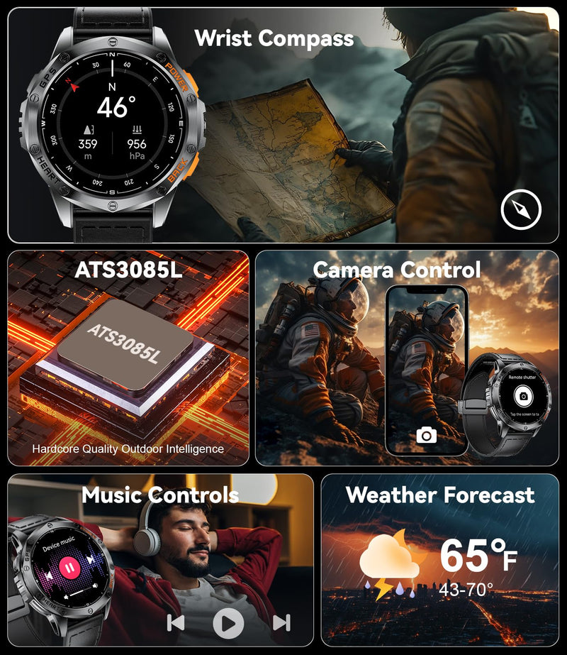 LIGE GPS Smart Watch for Men, 1.43'' AMOLED Always on Display, LED Flashlight/Compass/45 Days Battery/IP68 Waterproof Smartwatch, 100+ Sport Mode, Rugged Smart Watches for Android iOS Black Orange
