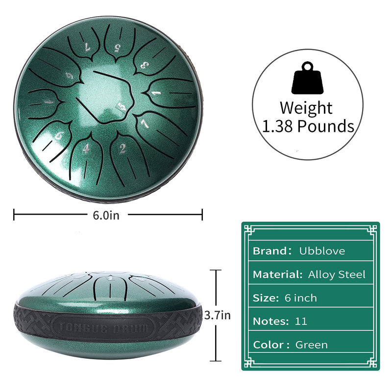 Steel Tongue Drum 11 Notes 6 inch Handpan Drum Percussion Instruments with Mallets Bag for Meditation Musical Education Concert Party Gifts - Green 6 inch 11 Notes Green