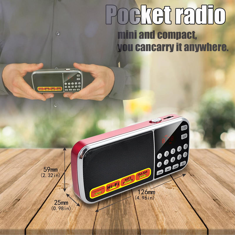 [AUSTRALIA] - Small Radios Portable AM FM:Battery Powered Radio Support USB Flash Disk/Micro SD Card MP3 Playback TF Card Slot Digital Buttons Bass Diaphragm Pocket Radio with Excellent Reception and Sound Quality red 