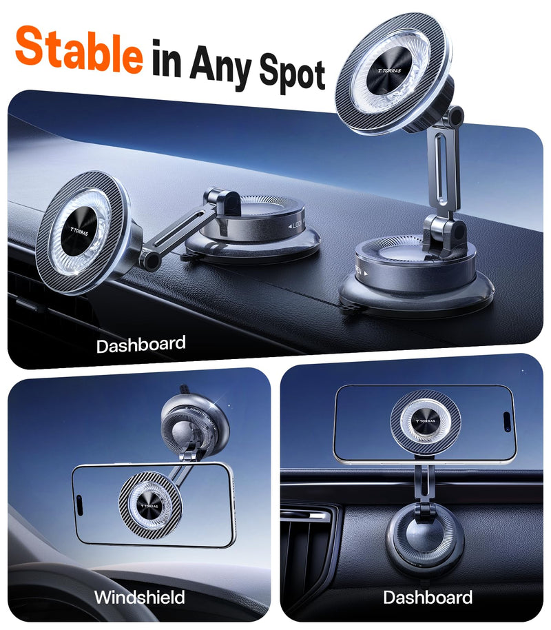 TORRAS 2026 Upgraded Vacuum Car Phone Holder for MagSafe Car Mount [98+ LBS Strongest Suction | 24 N58 Magnets] 360° Adjustable Magnetic Phone Holders for Your Car, for iPhone 17-12 Pro Max Plus Air Diamond Black