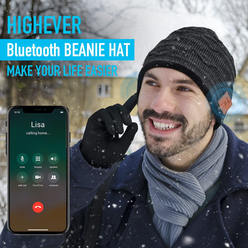 HIGHEVER Wireless Musical Bluetooth Cap Beanie with Speaker for Outdoor Winter Sport Tech Birthday Mens Gifts for Him/Teens/Boys/Girls Black