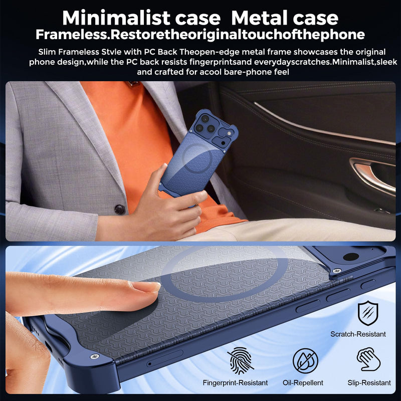 for iPhone 17 Pro ， Military-Grade Metal Bumper Case, Frameless Design with Scratch-Resistant Acrylic Anti-wear Backplate (Anti-wear Backplate, Blue, iPhone 17 Pro)