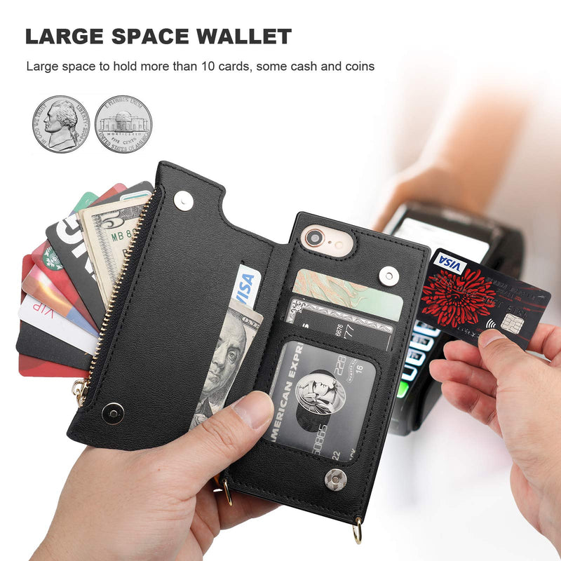 Bocasal Crossbody Wallet Case for iPhone SE 2022/SE 2020/7/8 with Card Holder,Zipper Card Slot Protector Shockproof Purse Cover with Removable Cross Body Strap 4.7 Inch(Black) Black For iPhone 7/8/SE3 2022/SE2 2020(4.7 inch display)