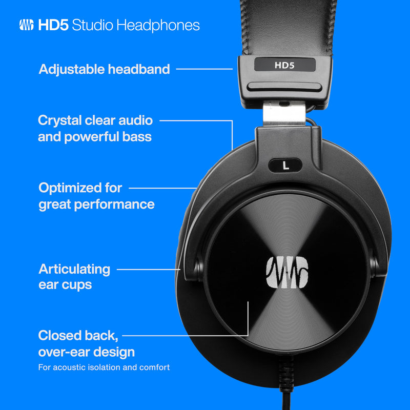 PreSonus HD5 Professional Monitoring Headphones —Wired, Closed-Back, Over-Ear Studio Recording Headphones for Professional Mixing and Monitoring Black
