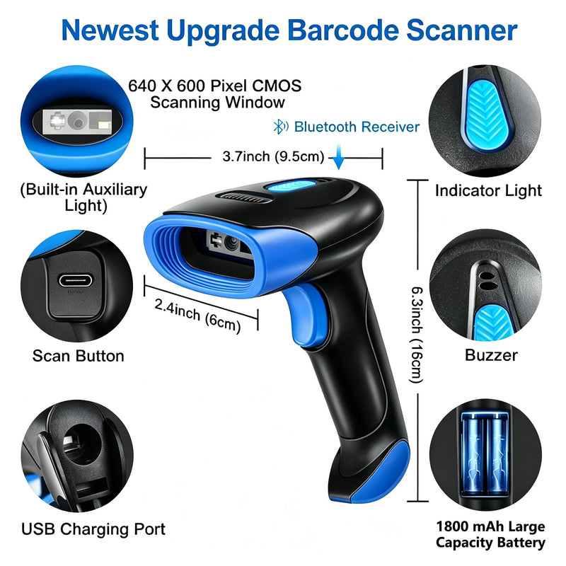 [AUSTRALIA] - 2D Bluetooth Wireless Scanner, QR 1D Bar Code Scanners Handheld Barcode Reader with Updated 640 X 480 Pixel CMOS, Plug & Play USB Barcode Scanner for iPhone, Android, iPad, Tablet, PC Computers 1D 2D USB Wired +2.4 G Wireless +Bluetooth (3 in 1 ) 