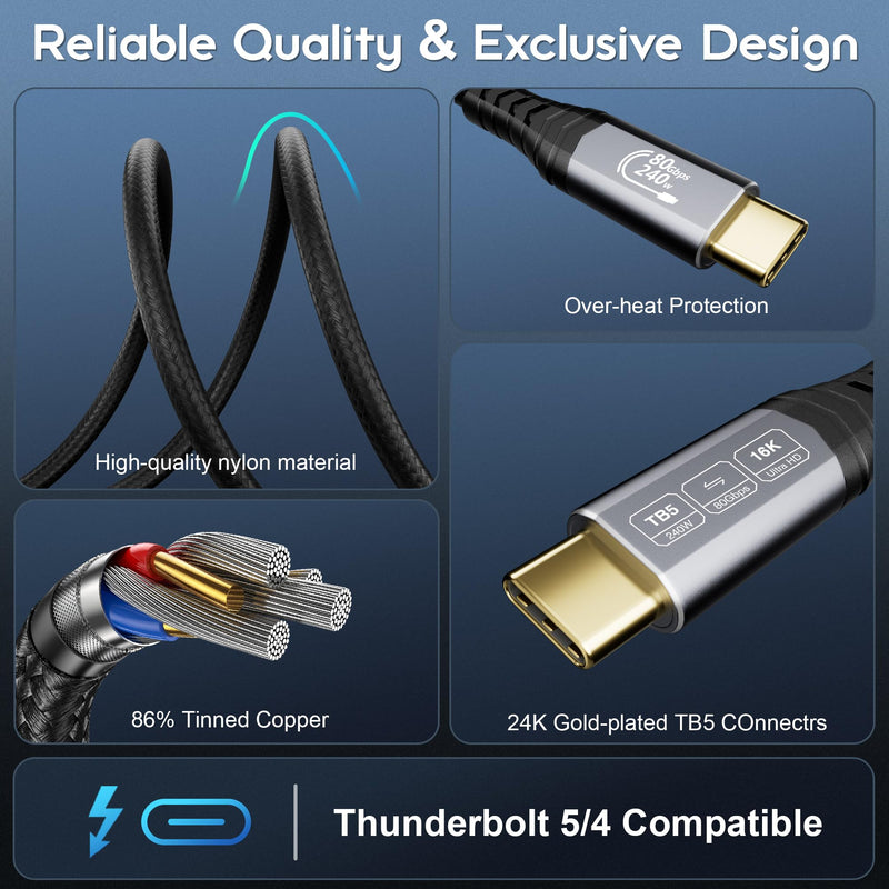 80Gbps USB c Data Transfer Cable 10FT for Thunderbolt 5 Cable,USB4 Gen4 for Thunderbolt 4,16K@60Hz/Dual 8K@60Hz, 240W, for MacBook Pro,Hub,Dock,eGPU,Laptops,Display USB c Monitor 10FT/3m