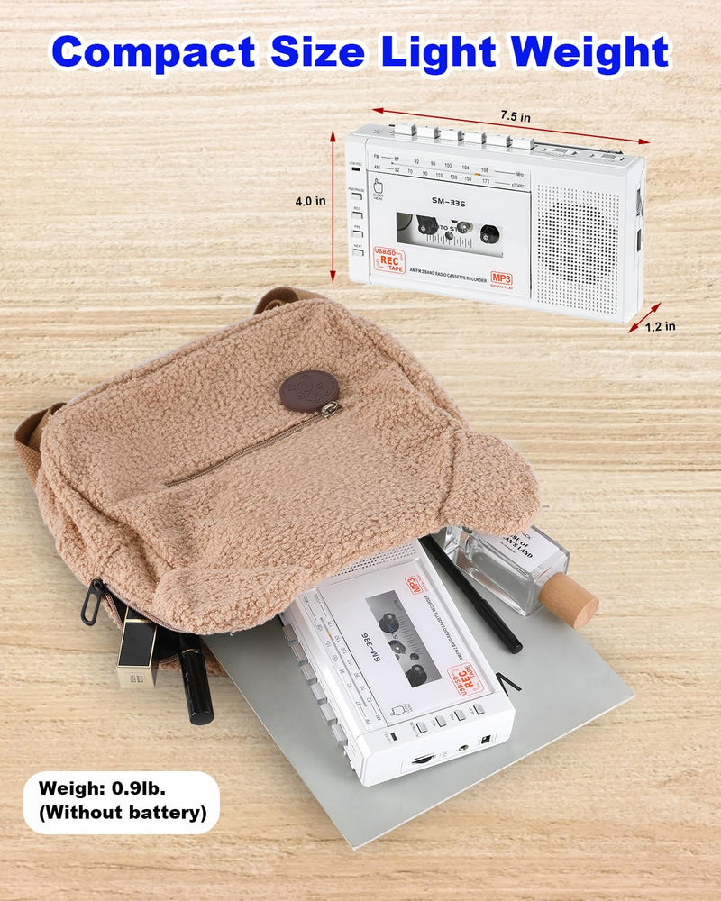 [AUSTRALIA] - Portable Cassette Tape Player to Digital Converter via USB/SD Card, Record to Cassette/U Disk/SD Card via Mic, Power by AC or AA Battery, Portable Cassette Recorder with Speaker and Headphone Jack White 