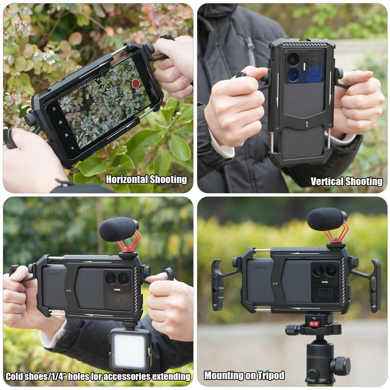 Fotga Aluminum Universal Smartphone Cage Photo Video Stabilizer with Handles Rig for Iphone Samsung Cell Phone Vlog Live Stream Filmmaking,with Cold Shoe Tripod Mount