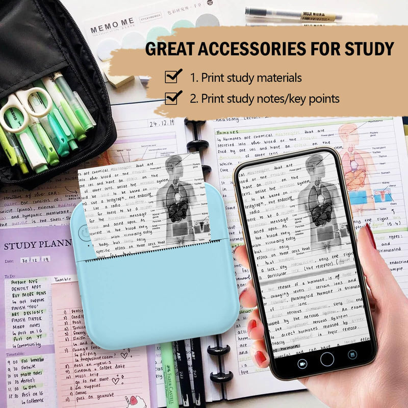 Pocket Printer for iPhone/Android, Wireless Mini Sticker Printer with 10 Rolls Thermal Paper, Blue-Tooth Thermal Mini Printer Portable for Notes Journal Memo Photo Study, Blue