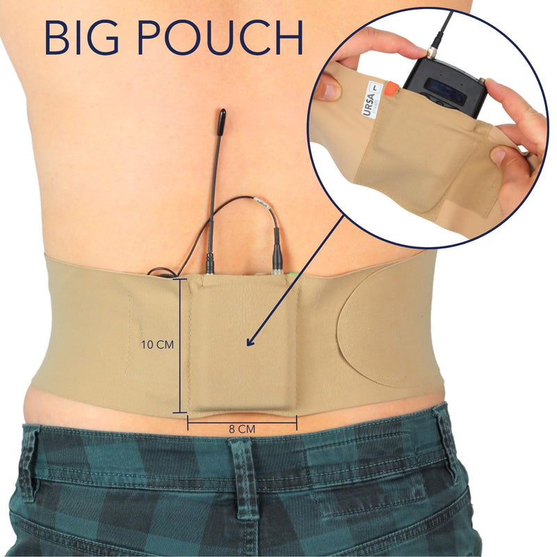 URSA Waist Strap - Ultra Slim, Breathable & Stretchy Microphone Transmitter Straps. Compatible with Most Transmitter/Receivers (Brown, Medium Waist - Big Pouch)