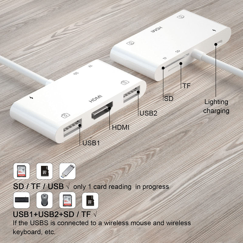 Memory Card Adapters, HDMI Digital AV Adapter, USB Female OTG Adapter, 6 in 1 USB Camera Adapter, SD Card Reader for iPhone iPad, Support MIDI Keyboard, Mouse, HD TV/Projector/Monitor, No APP Needed HDMI+2*USB adapter