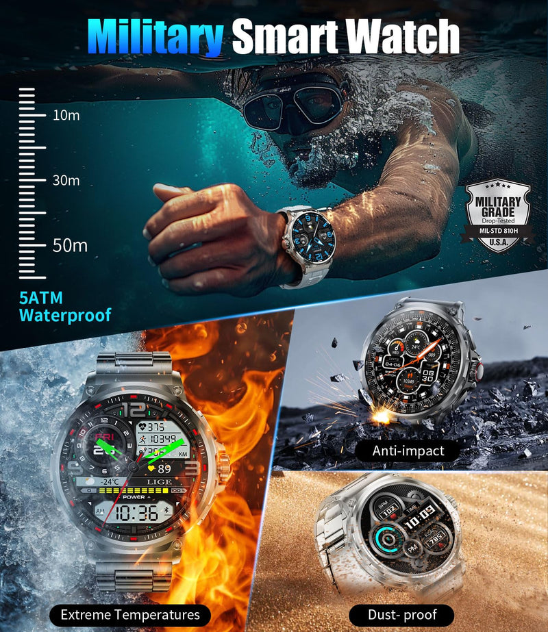 LIGE Smart Watch for Men with 1000mAh Battery/Flashlight, 1.85'' Military Smartwatch with 5ATM Waterproof/Heart Rate/Sleep Monitor,Answer Make Calls Fitness Tracker for Android iPhone Black