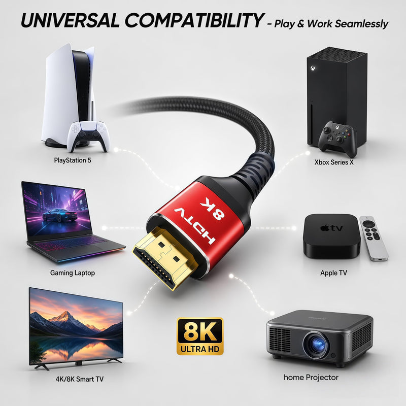 8K HDMI Cable 6FT 8Pack, 48Gbps HDMI 2.1 Cord, Red Aluminum Braided | Support 4K@120Hz, 8K@60Hz, HDR10+, eARC, for TV, Monitor, Roku, PS5/4/3, Xbox, Projector 8