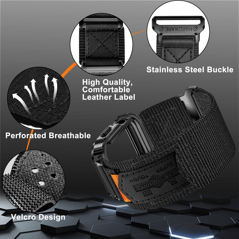 SUPLINK Stainless Steel Case&Nylon Band Compatible with Apple Watch Band 38mm 40mm 41mm 42mm 44mm 45mm 46mm 49mm,Rugged Metal Cover Adjustable Strap for iWatch Series 10 9 8 7 6 5 4 3 2 1 SE Ultra Men Black Large-42/44mm(series SE/6/5/4/3/2/1)