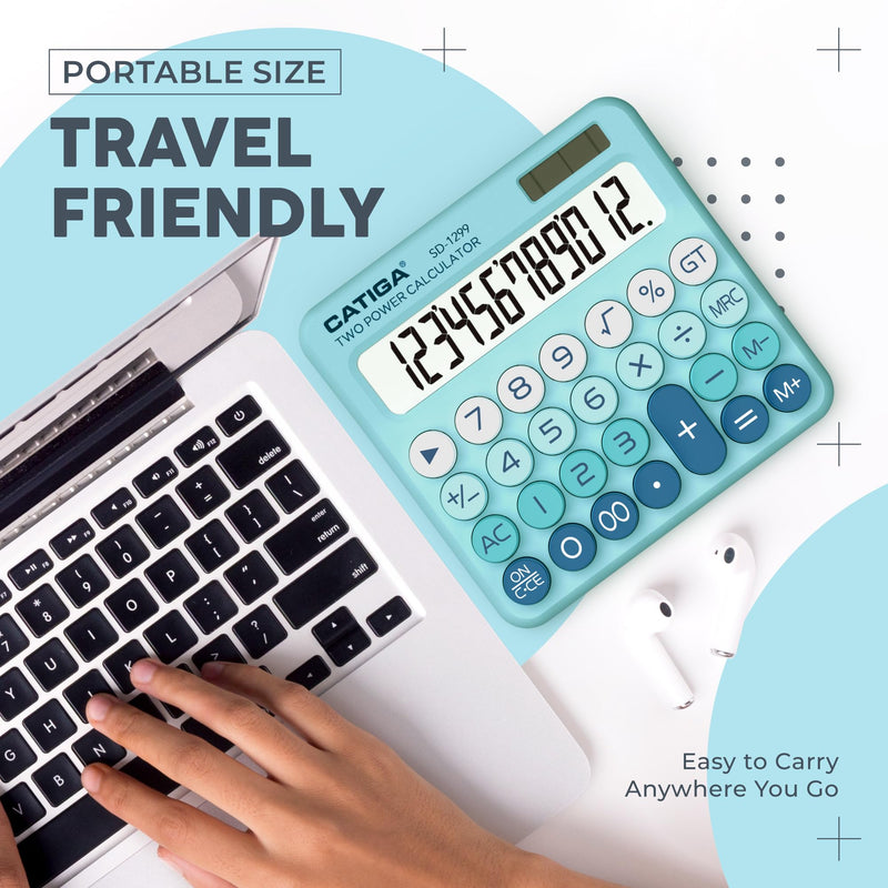 CATIGA Mechanical Switch Calculator with Solar and Battery Dual Power, 12-Digit Large LCD Display, Aesthetic and Cute Desktop Calculator with Big Button, for Home, School and Office Use, SD-1299 Aqua Blue